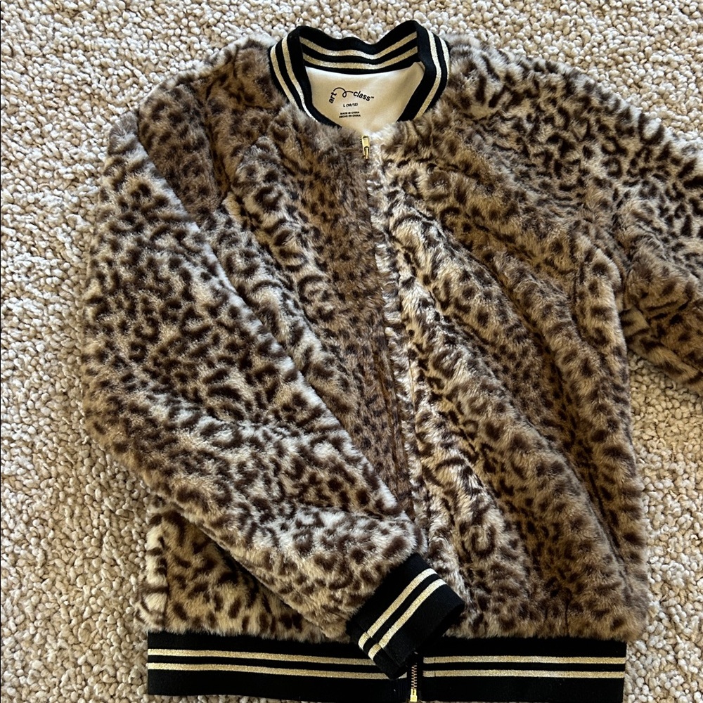 Leopard Print Faux Fur Bomber Jacket